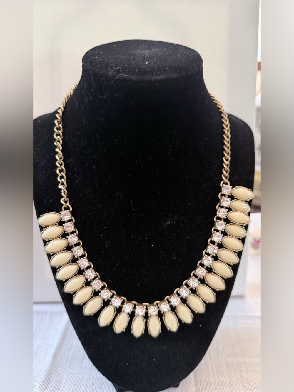 J.Crew Vintage Gold-Tone Statement Necklace with Cream Navette Cabochons & Clear
